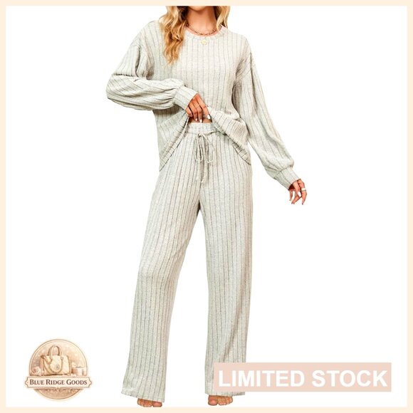 Soft Fleece Lounge Set Long Sleeve Pajama Two Piece Cozy Casual Oversized Chic